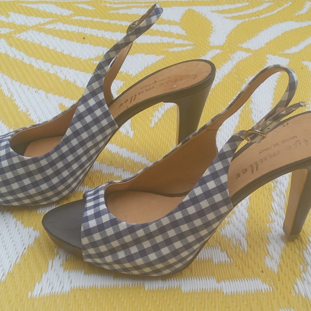 Bettye Muller Italian peep toe gingham blue heels womens size 39.5 9 pin up 50's